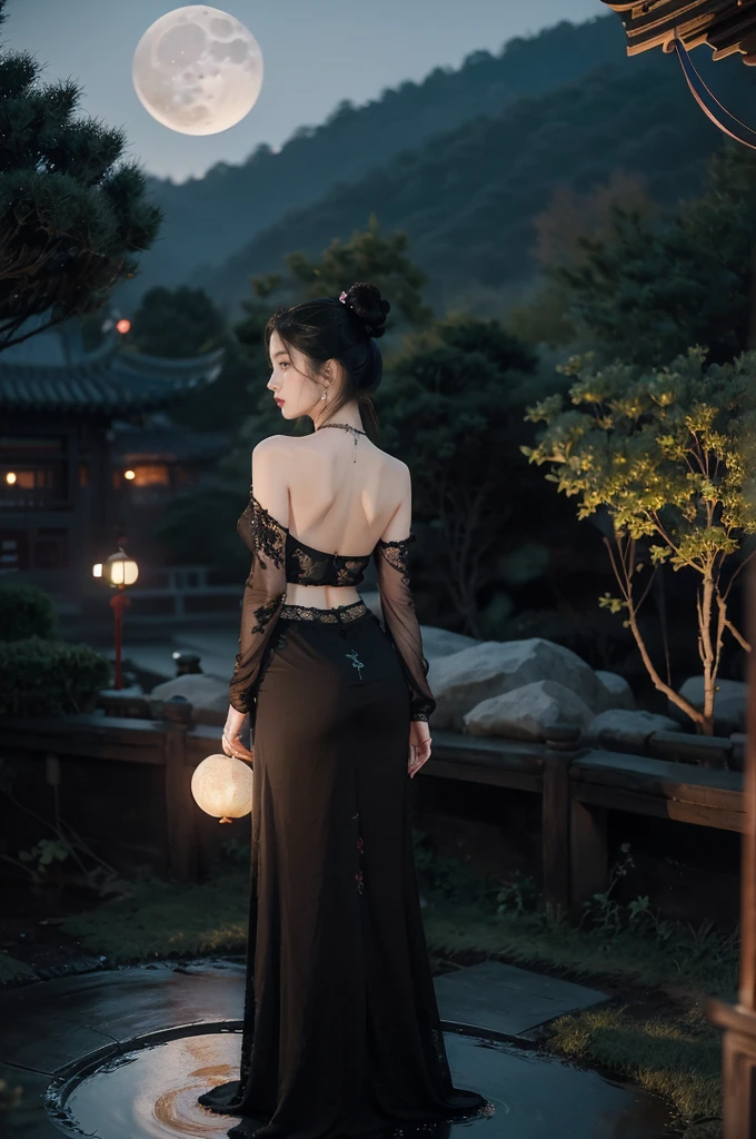 (((best quality))),(((ultra detailed))),(((masterpiece))),illustration,((1 beautiful girl,solo)),(bun hair:1.2),(Ghostly makeup:1.3),(fair skin:1.5),(red lips:1.2),((earrings,necklace)),((slim,thin)),((bare back,towering hips,butt crack)),(black floral embroidered lace bellyband:1.5),(thigh loop:1.3),(stockings:1.3),(standing:1.3),(A huge moon in the sky:1.3),(moonlit Chinese garden courtyard:1.3),(Ghost Festival:1.3),(Ghostly flames are drifting in the air:1.3),elegant and sophisticated,intricate patterns,curves,dark color,striking visual appeal,ethereal,enchanting,ghostly black blossoms,swaying branches,stone pathways,moss,eerie shadows,ancient pavilion,intricate wooden structure,mystery and intrigue,cicadas chirping,auditory symphony,embodiment of the festival's spirit,bathed in the moon's glow,delicate features,raven-black hair,waterfall of darkness,moon's luminance,captivating allure,sleek fabric,clung to frame,accentuating curves,highlighting beauty,striking appearance,ethereal beauty,hauntingly beautiful scene,captured essence,blend of beauty and mystery,(night scene:1.3),((from back,upper body))