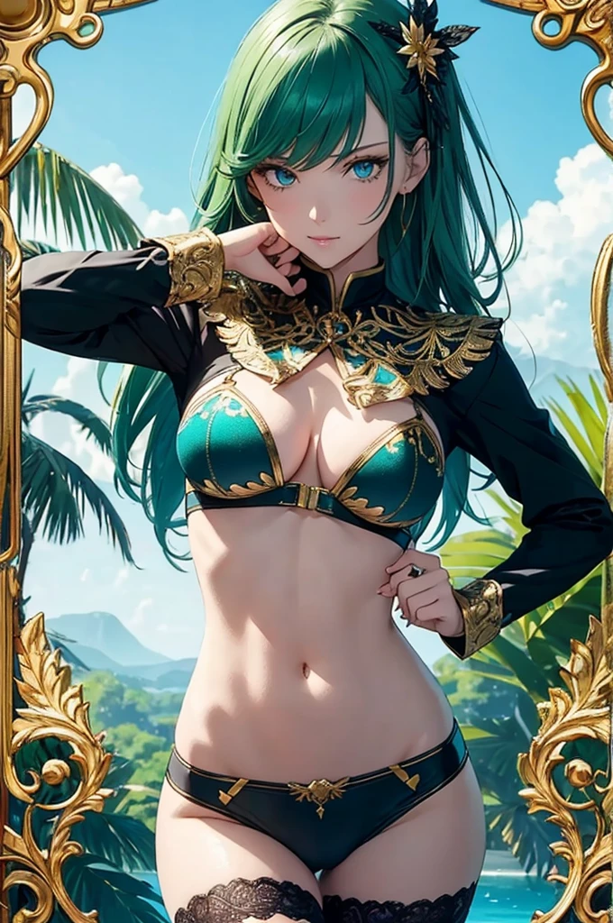 Mr. likes it, Superior detail, Quality, A lustful woman, , Green hair, Blue eyes, 2d blue background, short shirt , Black embroidered bikini , gold leaf belt, Cut, Butt,  Nature theme, bubble effect