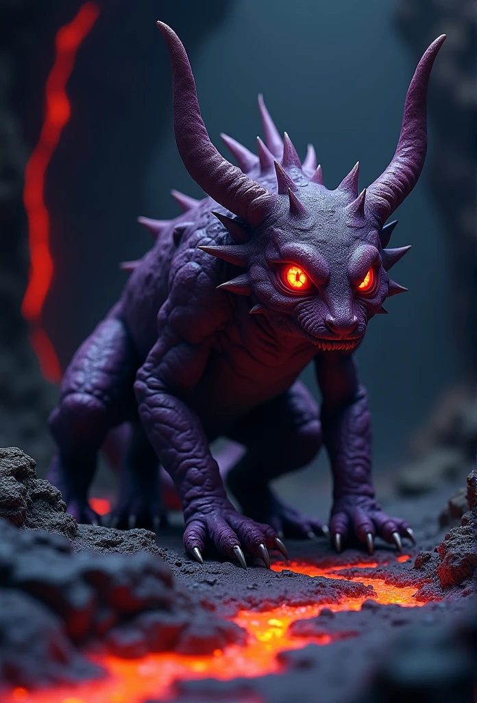 This creature is about 2.5 meters long and weighs over 200 kilograms. It lives deep underground, especially in volcanic regions. The creature's body is covered in dark purple, rock-like scales that absorb light, making it nearly invisible in darkness. Its head has two long, sharp horns, and its eyes glow red with an eerie light. It has short limbs with razor-sharp claws. The setting should be inside a deep, dark cave with faint glowing lava cracks in the background. The overall atmosphere should be ominous and mysterious, emphasizing the creature's fearsome and elusive nature,