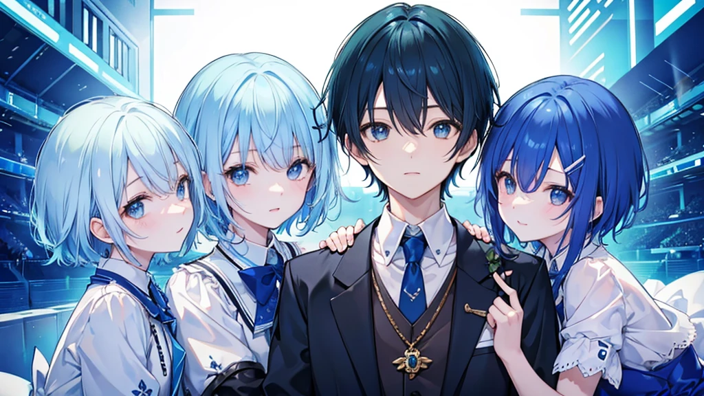 Idol with short blue hair。His face is shining。