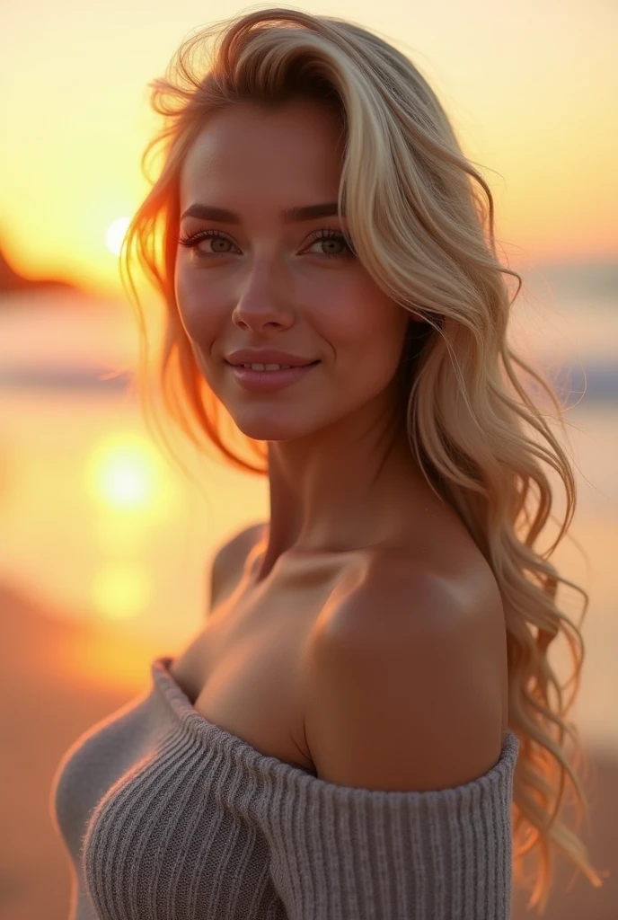 realisitic, photorealisitic, CRU photo, 8k detailed skin, natural skin texture, realisitic skin texture, picture-face perfect, film grain, HDR, Highqualityshadow, Perfect Anatomia, perfect symmetry:1.2, face perfect, glad, confident, soft lighting, Depth of field, bokeh, ultra-high resolution, cinematic lighting, sharp focus, realisitic hair strands, subtle facial expressions, swirly vibrant colors, 50 mm lens, standard angle, fundo ao ar livre, natural sunlight, golden hour time, softshadows, warm hues,blonde woman posed in a sweater dress at sunset in Beacg,breasts big,