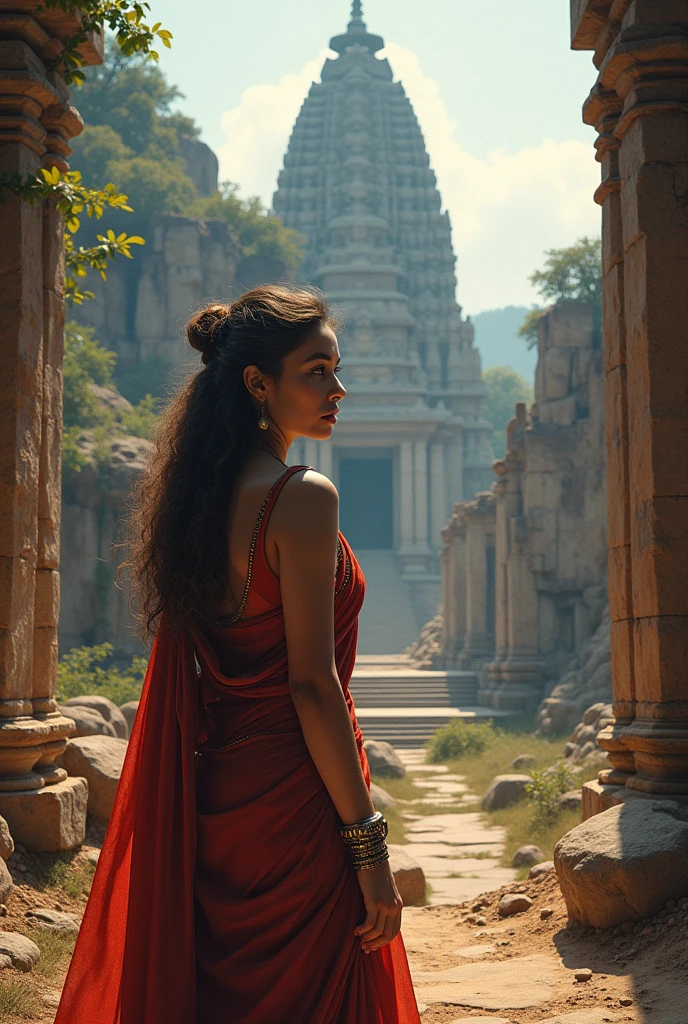 Create poster for mythological mystery novel in marathi. With Ellora kailas mandir at background and a archiologist girl with metal bracelet 