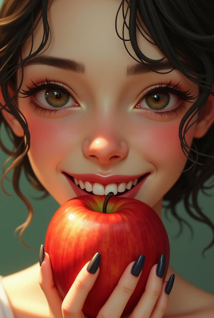 Woman holding an apple in front of her face and smiling, a digital rendering by Aleksander Gierymski, shutter, art nouveau, Agape Mouth, eating rotting fruit, mouth is simple and pleasant, with apple, imageio de perfil, apple, tooth, red apple, apples, she is eating a peach, closeup photograph, imageio, illustration]
