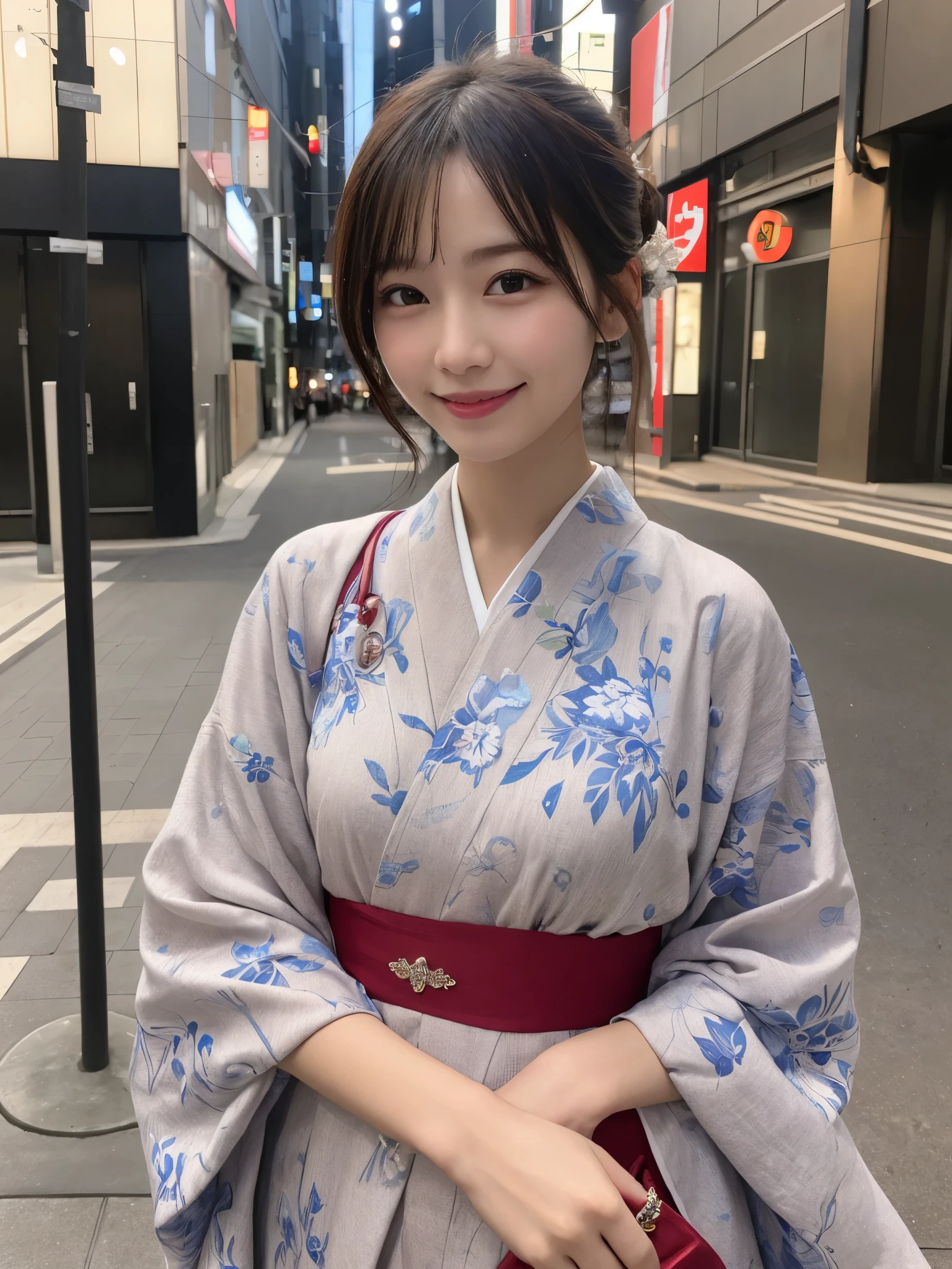 1girl, solo, highres, best_quality, masterpiece, detailed_background, intricate_details, beautiful, tokyo,tokyo_tower, casual_clothes, kimono, smile, looking_at_viewer, natural_pose, candid, happy