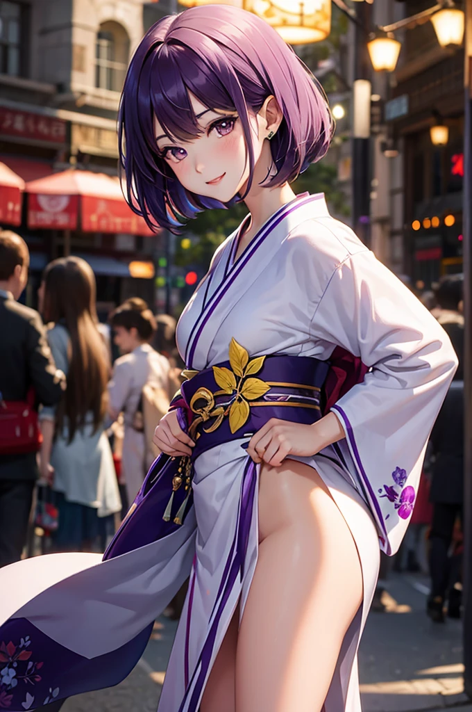 Best Quality,High resolution,8k,finelity detailed background,Masterpiece:1.2),beautiful girl,Shiny purple hair,bob cut,Purple Eyes,Gentle look,A refreshing look,smile,Best quality,Best Quality,Aesthetic and aesthetic:1.2,Best details((Super detailed))(High-definition CG illustrations),kimono,yukata,Slender body,night,festival,smile,blush,cute,Scrounge,Looking up,Being spoiled,super model