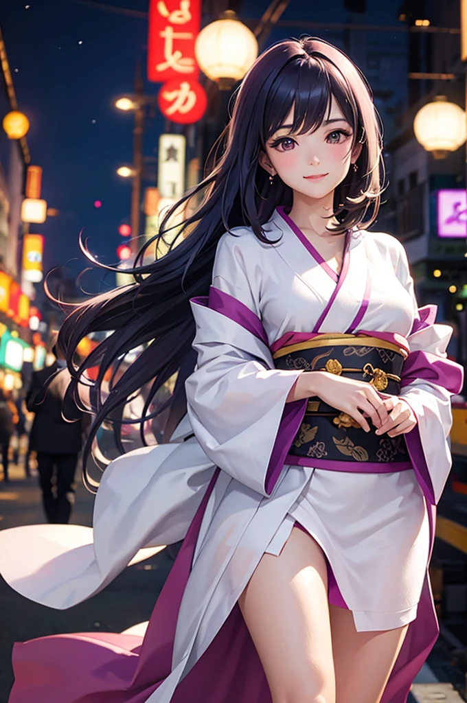 Best Quality,High resolution,8k,finelity detailed background,Masterpiece:1.2),beautiful girl,Shiny purple hair,bob cut,Purple Eyes,Gentle look,A refreshing look,smile,Best quality,Best Quality,Aesthetic and aesthetic:1.2,Best details((Super detailed))(High-definition CG illustrations),kimono,yukata,Slender body,night,festival,smile,blush,cute,Scrounge,Looking up,Being spoiled,super model