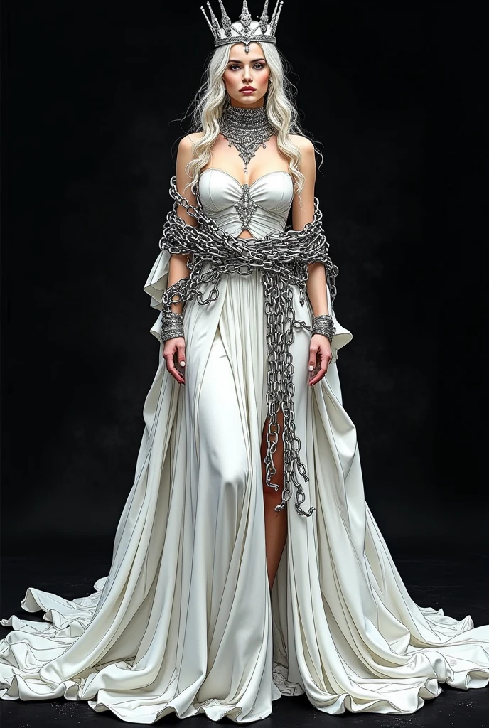 white queen with a crown made of chains wrapped around her neck, in the style of Mark Riddick and DarkBlueAr뵈 Hardy in the style of manga art, white king's dress, black background
