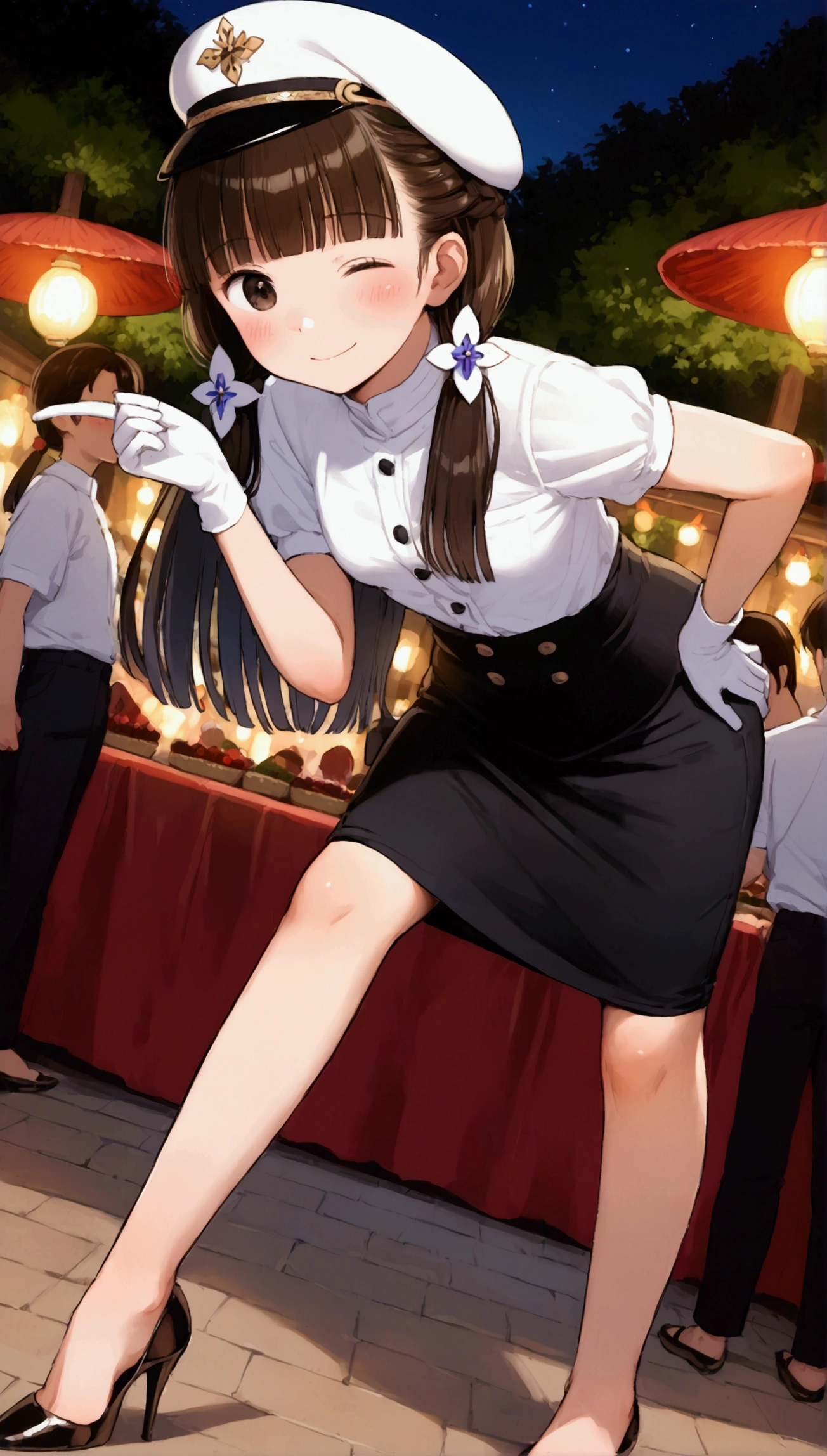 {Highest quality}, {Super beautiful},{Ultra fine},{Best illustration},Brown Hair,Hime cut,long hair,Braid,One woman,Standing Woman,Strike a pose,smile,smilingly,Smile,Wink,Uniform cap,White Shirt,Short sleeve,Long black skirt,White gloves,Summer Festival at Night,Blushing,Slender,Black stiletto heels,barefoot,From an angle,From below,Leaning forward,Put one hand on your hip