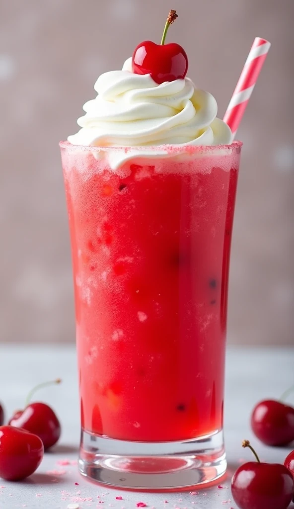 A bright red cherry slush topped with whipped cream and a cherry on top.