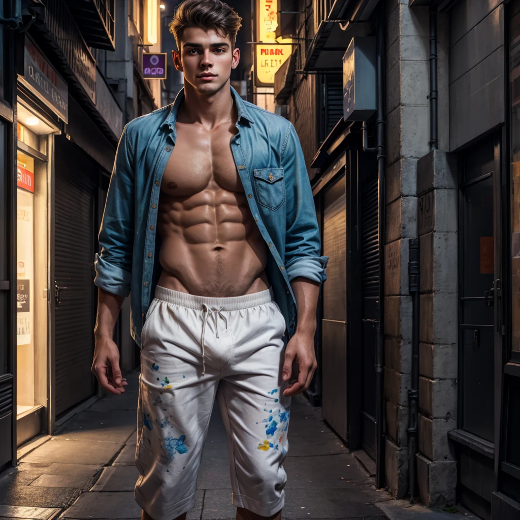 Realistic 4 K HD painting of a young man 25 years old, with open shirt and white slim underpants, tall in dark street. Hight contrast.