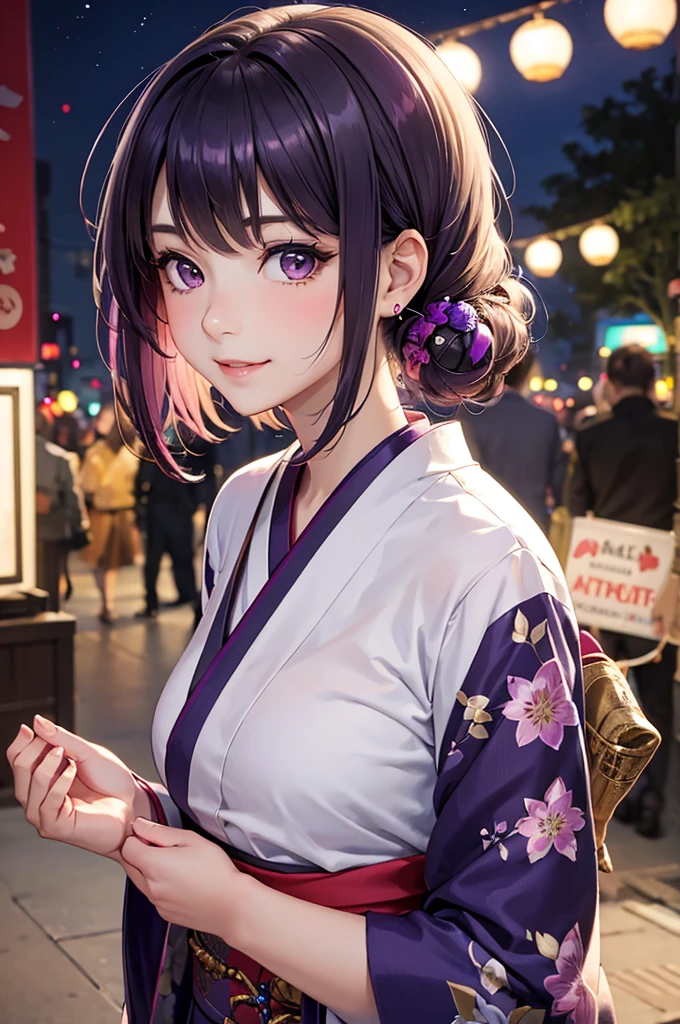 Best Quality,High resolution,8k,finelity detailed background,Masterpiece:1.2),beautiful girl,Shiny purple hair,bob cut,Purple Eyes,Gentle look,A refreshing look,smile,Best quality,Best Quality,Aesthetic and aesthetic:1.2,Best details((Super detailed))(High-definition CG illustrations),kimono,yukata,Slender body,night,festival,smile,blush,cute,Scrounge,Looking up,Being spoiled,super model