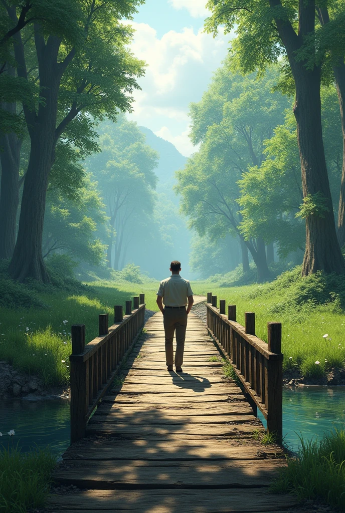image with two wooden bridges, one for each side with man at the beginning

