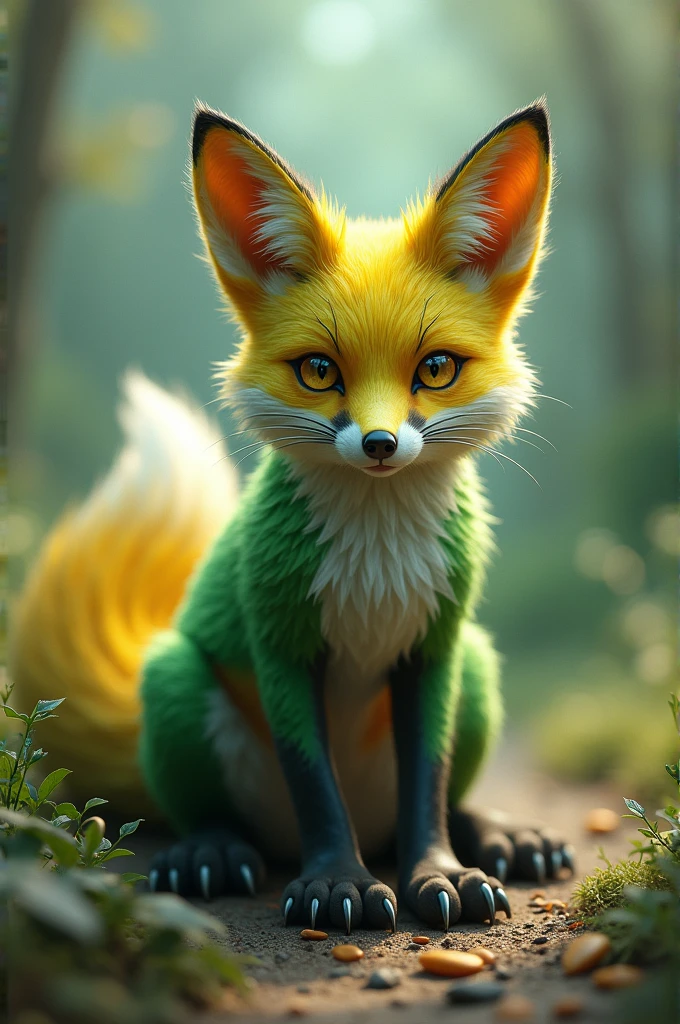 A 9-toed green and yellow fox
