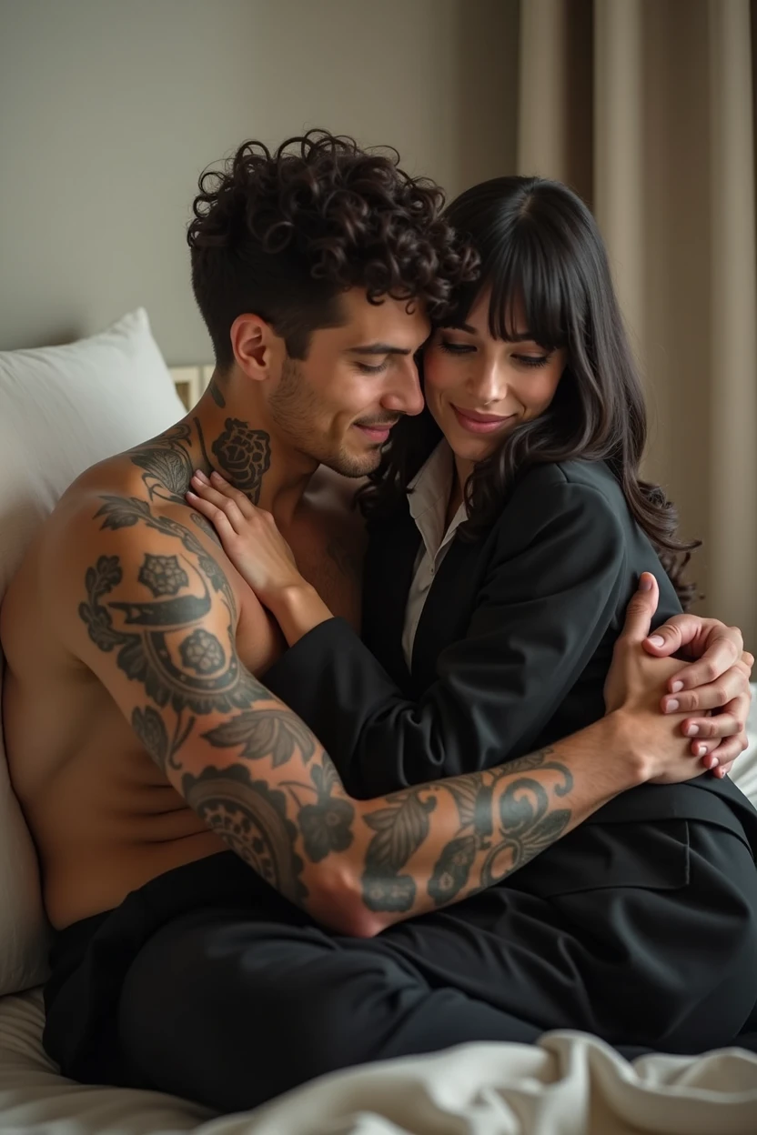 A man is an engineering student with tattoos, sitting on the bed. His body is firm and his face is handsome. He wears black pants. His girlfriend is sitting on his lap, wearing a student uniform. His hair is curly black with bangs. He is hugging his boyfriend. The atmosphere in the bedroom.