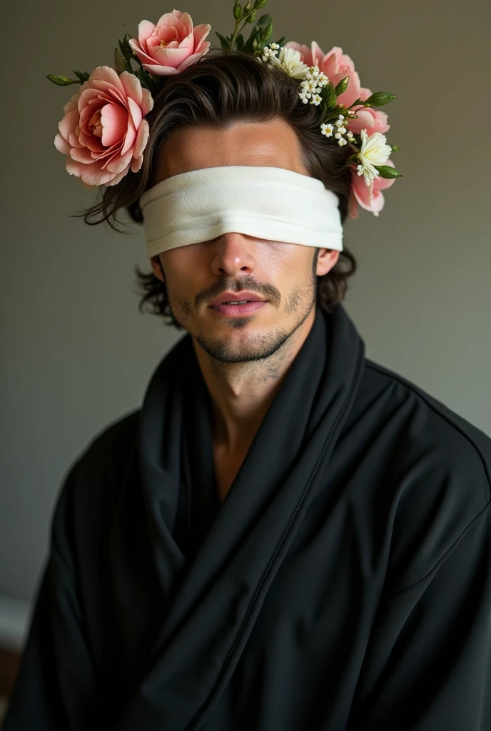 A portrait of a man with a white bandage covering his eyes, wearing a black robe and flowers on his head in the style of Tom Bagshaw