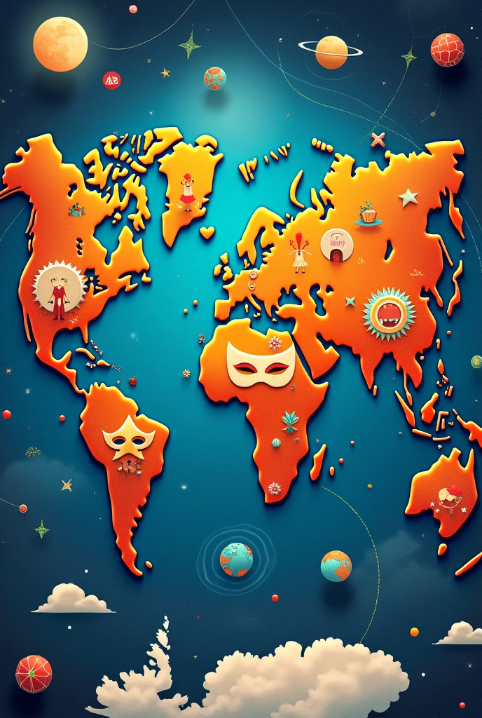 World map composed of theater mask, Dance, music and circus