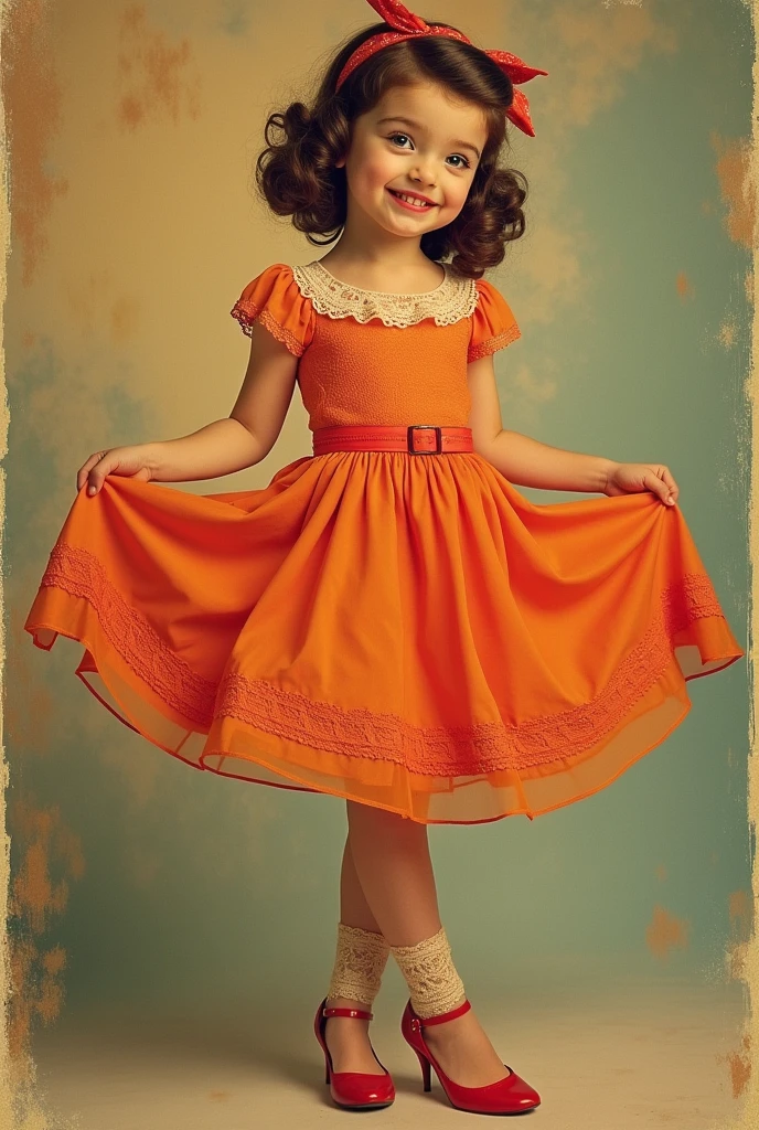 Very young girl in retro pin-up style, dressed in a chaste bright dress with a fluffy skirt, Stockings with lace garters, and red high heels. She has a 1950s-style hairstyle with big curls and a bandana.. Makeup with an emphasis on arrows and bright red lips. She flirtatiously displays herself, lifting the skirt, to show naked pussy, while maintaining the image of innocence. The background is made in the style of a vintage poster with warm and rich colors..