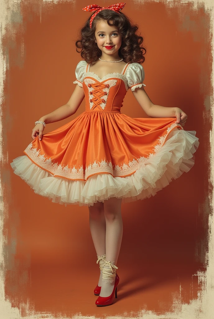 Very young girl in retro pin-up style, dressed in a chaste bright dress with a fluffy skirt, Stockings with lace garters, and red high heels. She has a 1950s-style hairstyle with big curls and a bandana.. Makeup with an emphasis on arrows and bright red lips. She flirtatiously displays herself, lifting the skirt, to show naked pussy, while maintaining the image of innocence. The background is made in the style of a vintage poster with warm and rich colors..