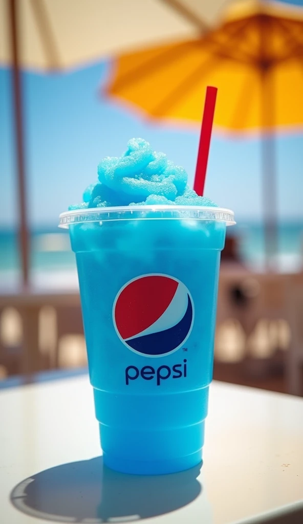 A blue slush with a branded Pepsi cup. Placed on a sunlit outdoor café table with a beach umbrella.
