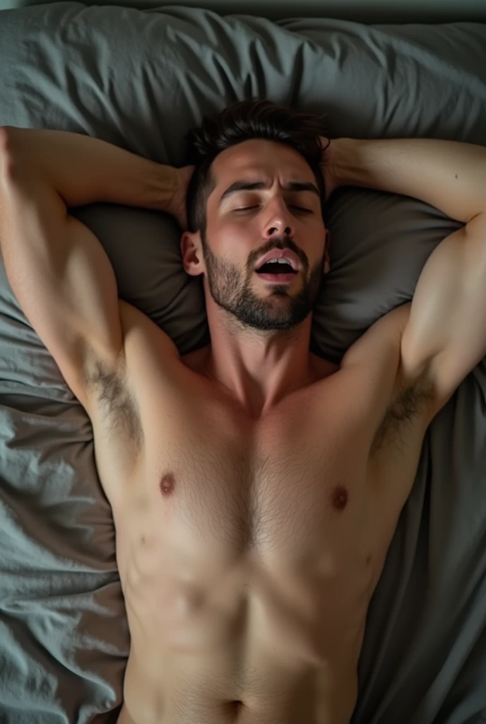 A man with a sexy body and a big penis, aged 30 years old, not wearing clothes, from top to bottom his body is very hot, his body is sweating and his face is moaning in arousal, sleeping on the bed with his hands resting on his head and his legs spread.