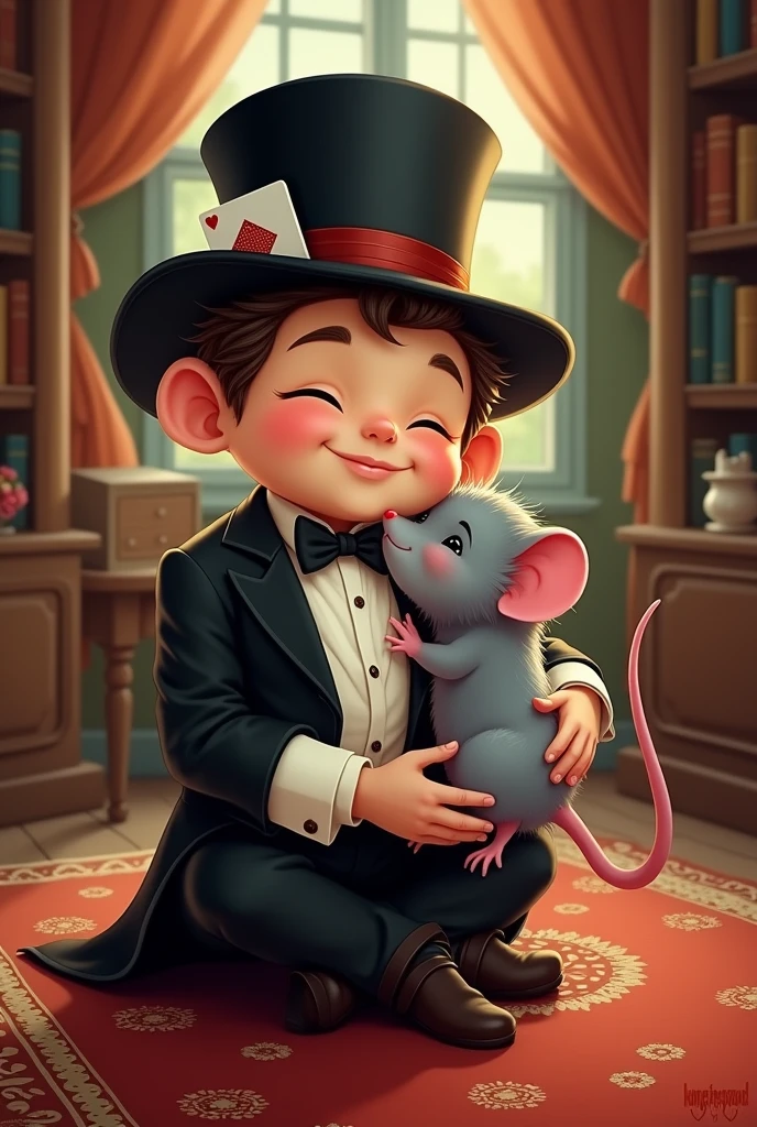 Cartoon illustration of an elegant magician with a playing card in his hat hugging a grey mouse  (Romantic)