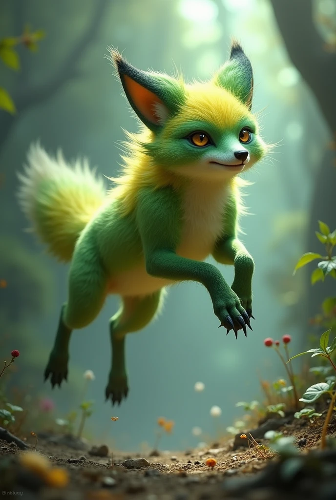 A 9-toed green and yellow fox saltando