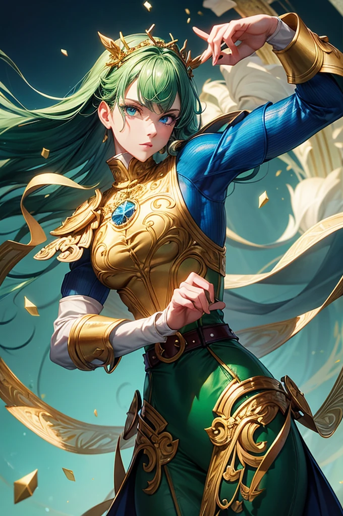 Mr. likes it, Superior detail, Quality, A lustful woman, , Green hair, Blue eyes, 2d blue background, Green Sleeveless Turtleneck Shirt, beige pants, gold leaf belt, Cut, Butt, Nature theme, bubble effect