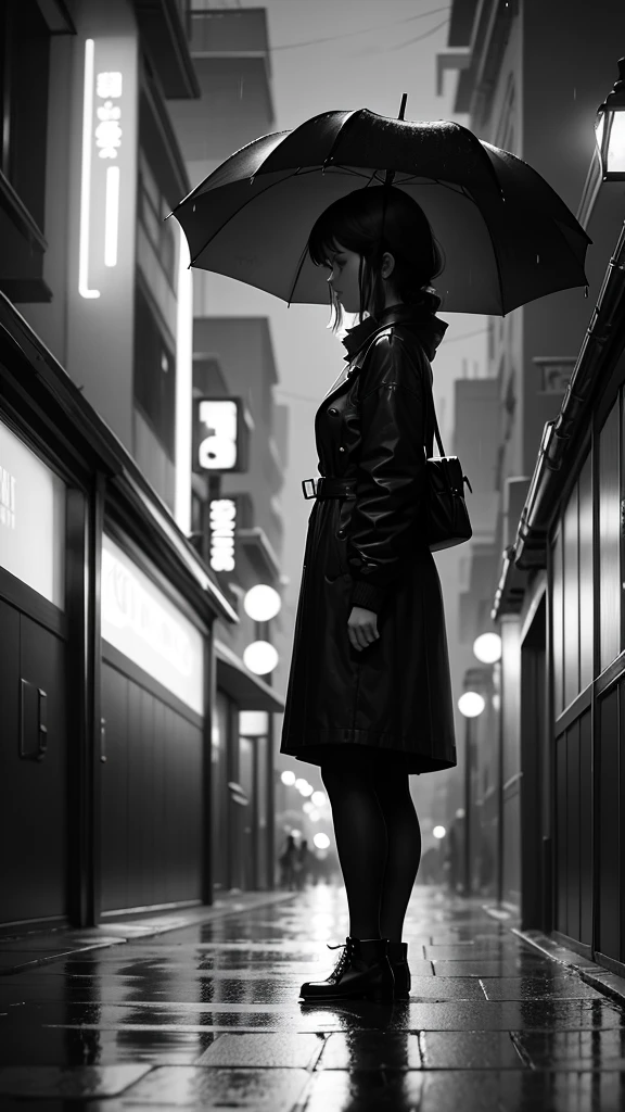 Create a nostalgic 1980s pixel art video. The style should evoke emotions with dark, moody tones, using a limited color palette typical of old computer graphics. The setting is a quiet, rainy cityscape at night, with neon lights reflecting off the wet streets. Characters should be small, lonely figures, walking through the scene, holding umbrellas. The animation should be minimalistic, focusing on subtle movements like raindrops falling, flickering lights, and the gentle swaying of trees. The overall mood should be melancholic and introspective, capturing the essence of solitude in a large city during the 80s.