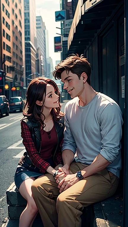 storyboard of Peter Parker late 20s sitting with Mary Jane late 20s talking and laughing, one at home, one at the theater, and the last one on a New York street, holding his right hand, comics style, modern style.