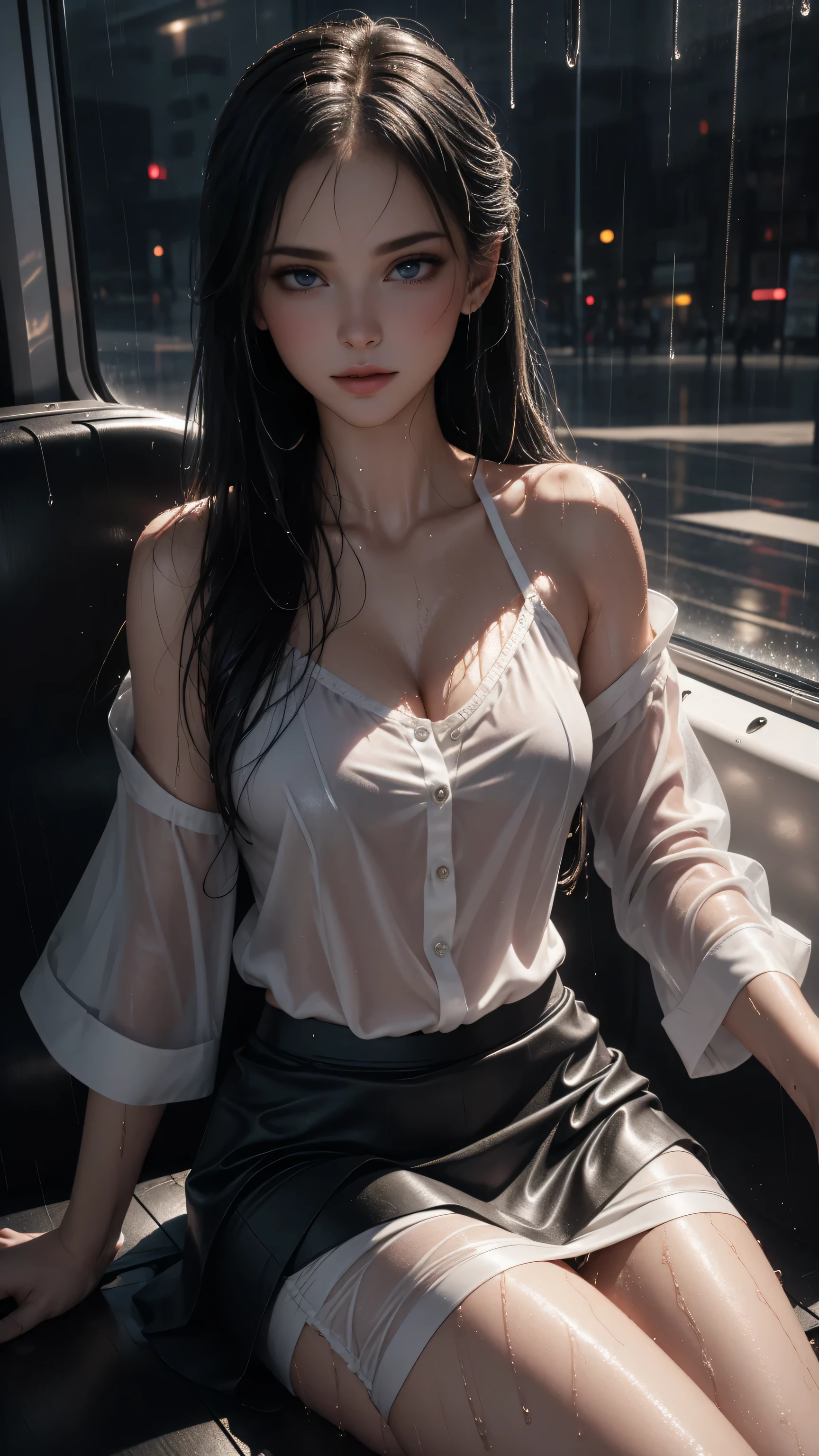 ((A girl running through the streets of New York))、(RAW shooting, Photorealistic:1.5, 8k, Highest quality, masterpiece, Ultra-high resolution), Perfect dynamic composition:1.2, Night Street Corner, Looking up at the sky:1.3, (嵐), Highly detailed skin and face textures:1.2,( Wet slim woman in the rain:1.3), Sexy beauty, Perfect Style:1.2, Aesthetic and beautiful, Fair skin, Very beautiful face, (Rain dripping all over my body:1. 2, Wet Hair:1.4, Wet:1.2), Water droplets on the skin, (Medium sized breasts, Chest gap), (Shy laugh, The expression when feeling intense caressing, Facial expression when feeling pleasure), (Beautiful blue eyes, Beautiful erotic eyes:0.8), (Too erotic:0.9, Alluring:0.9),((Wet white blouse))、((No sleeve)),((Wet tight skirt)) Second bag, Perfect body, Perfect fingertips（Girl sitting on train seat)、Best quality work，Actual work，Ultra Premium Graphics，8K HD CG works，High quality graphics，High-definition CG works，10x pixels，Extremely fine detail：1.1，Advanced Technical Details：1.1 Photorealistic，Indoor lighting effects：1.5，Natural light：1.5. Light effects（virtual Light effects：1.8）,（Golden white short hai(RAW shooting, Photorealistic:1.5, 8k, Lift-up skirt,