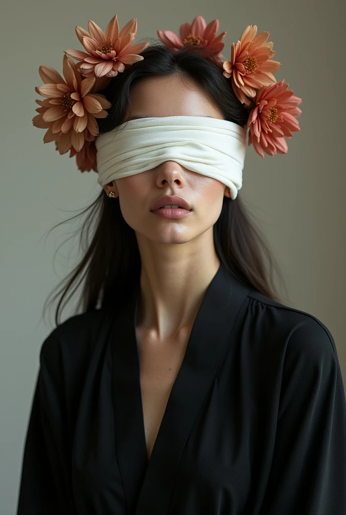 A portrait of a woman with a white bandage covering his eyes, wearing a black robe and flowers on his head in the style of Tom Bagshaw