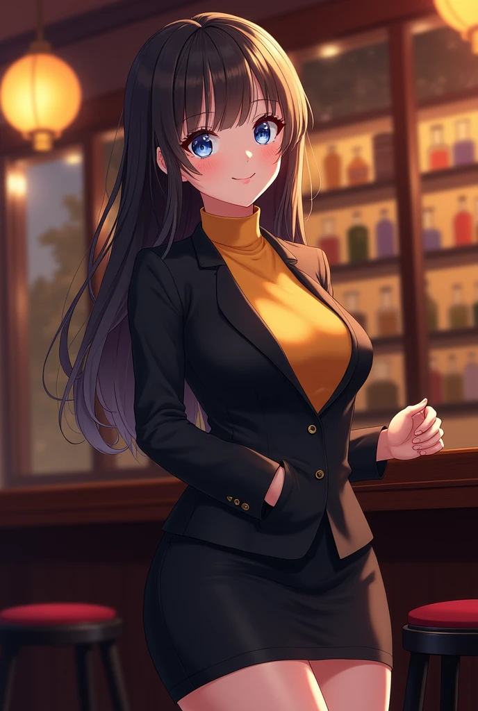 (masterpiece:1.2, Highest quality), (Realistic, photoRealistic:1.4), Beautiful illustrations, (Natural Side Lighting, Cinema Lighting), Browsing Caution,
View your viewers, 1 girl, office lady, Perfect Face, Cute and symmetrical face, Glowing Skin,
blue eyes, thin垂れ目:1.5, Big eyes:1.5, Long eyelashes, (Medium chest, thin太もも), thin, Large Breasts、
Beautiful detailed hair, Beautifully detailed face, Beautiful attention to detail, Beautiful clavicle, Beautiful body, Beautiful breasts, Beautiful thighs, Beautiful feet, Beautiful fingers,
Detailed cloth texture, (Yellow turtleneck), Black Business Suit Jacket, Black tight skirt, High heels,
(Beautiful views), night, (Inside the pub), Are standing, (Cute smile, Upward glance, Ecstatic Face、Lips parted),