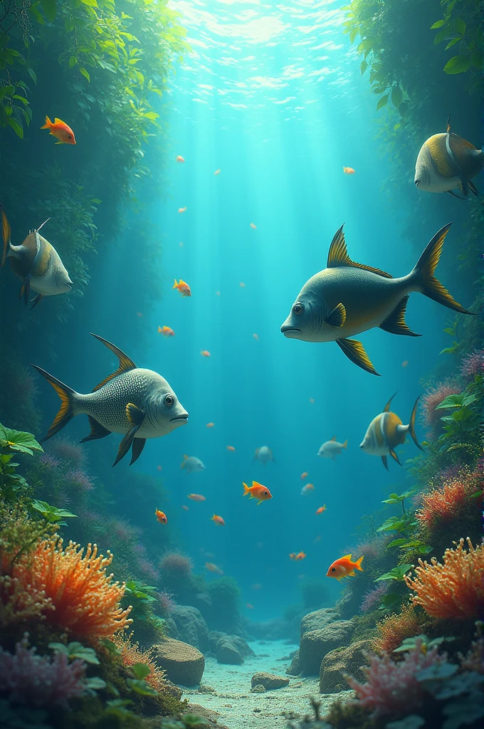 Generate a image of algae small fish and big fish