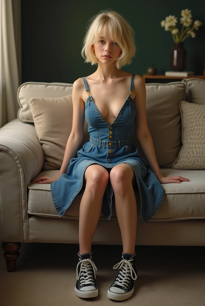 Create a  boy with blonde hair, androgynous face and body with topless female breasts No muscles, denim dresses and black sneakers, sitting on a sofa