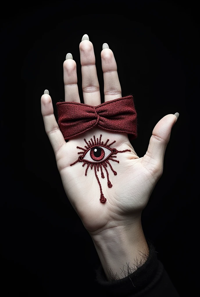 A white hand with a blindfold and an eye embroidered on the palm, runes of witchcraft are embroidered in dark red thread on a black background