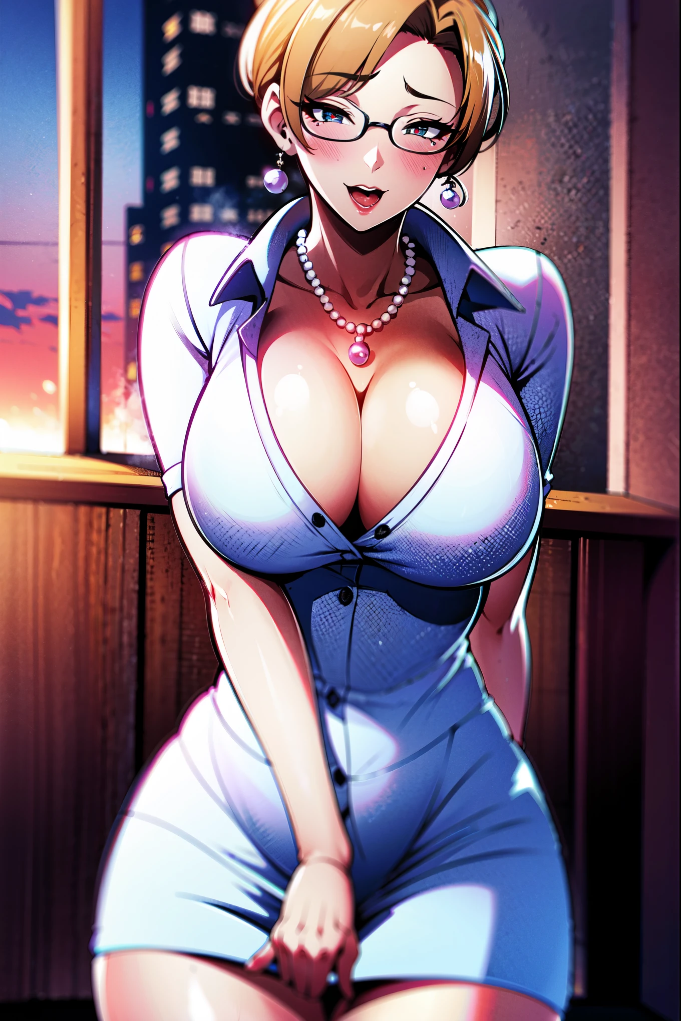((super high quality:1.6,Ultra-high resolution,4K,8k,16K,super masterpiece,Ultra HD)),Evening room,One Mature Woman,(White shirt,Tight Skirt,((Large collar,Open collar,Stand up your collar,Tight collar)),Cleavage),blush,Glasses,sexy,Pearl Earrings,Pearl Necklace,