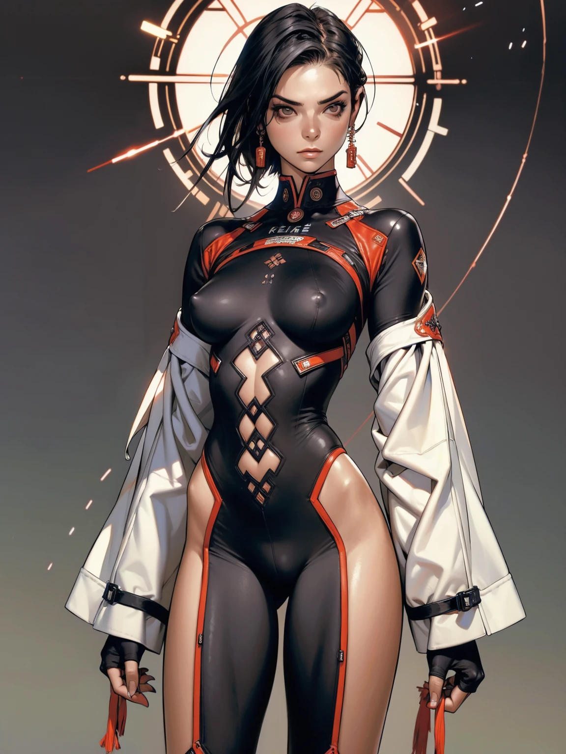 (((Annie Lennox))), ((( coffee maiden suit ))), (((bandaged arms))), ((high collar)), (((black with red details))), (((best qualityer: 1.4))), (Unbeatable masterpiece), (hiper HD),(CG 8k hyper-realistic), (((brave face))), (((breasts big))), (((hyper feminine))), sexly girl, Tron,（black bob hair)), ((( sculptural body ))), (((1 Kizi))), Kizi cibernética de 25 anos com perfectbody,,Beautiful and well-groomed face,muscular body:1.2,solid color detailed jacket, (Head to thigh photos)， Complex equipment, green dark，Long pants，Tight clothes are dark，With white stars and off-white stripes,,,,,Armor Metal Electronic Parts, Poison tattoos ) INFO, Kizi, (((standing alone))), pirralha violent, (((14歳))), sexly, pose de atitude, work of art, post-apocalypse, (((manga style))), bounty hunter, violent, Manic, the way you want, slenderbody, thin but strong, perfectbody, roupa moderna, advanced technology, neon, sleeves with vertical striped pattern, neutral background, (( cowboy shot )). intricate visual