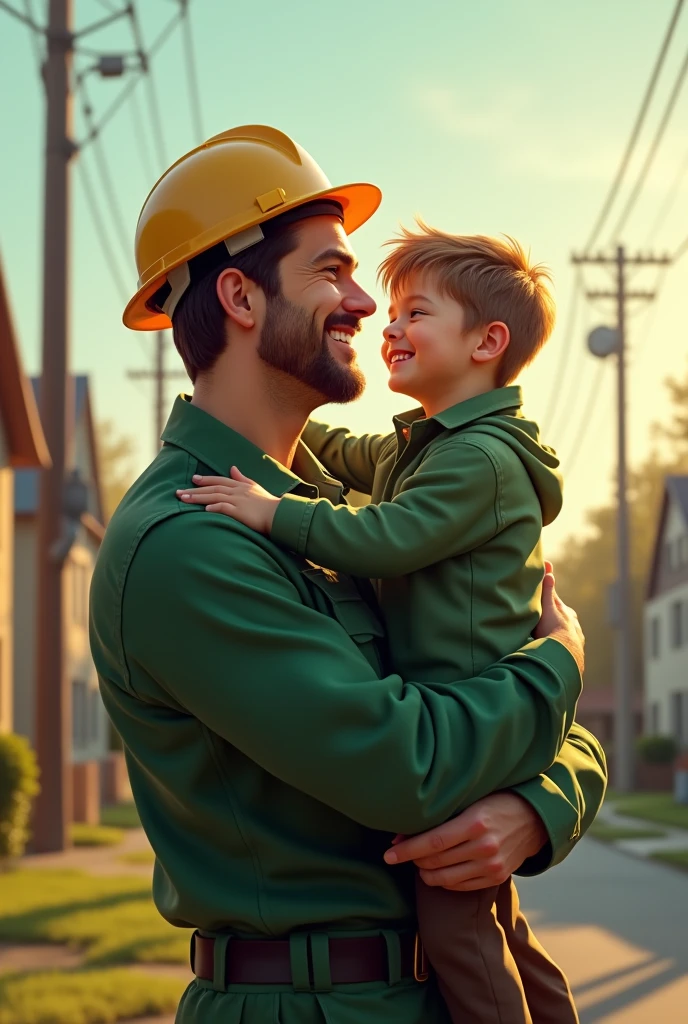 Father's Day in honor of the Telecommunications Technician in green clothes and helmet with son in his arms