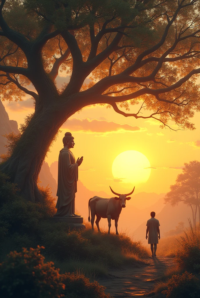 Buddha charitably upon the animals , standing under the tree, sunset time, look alike human begin, including with one human, one cow