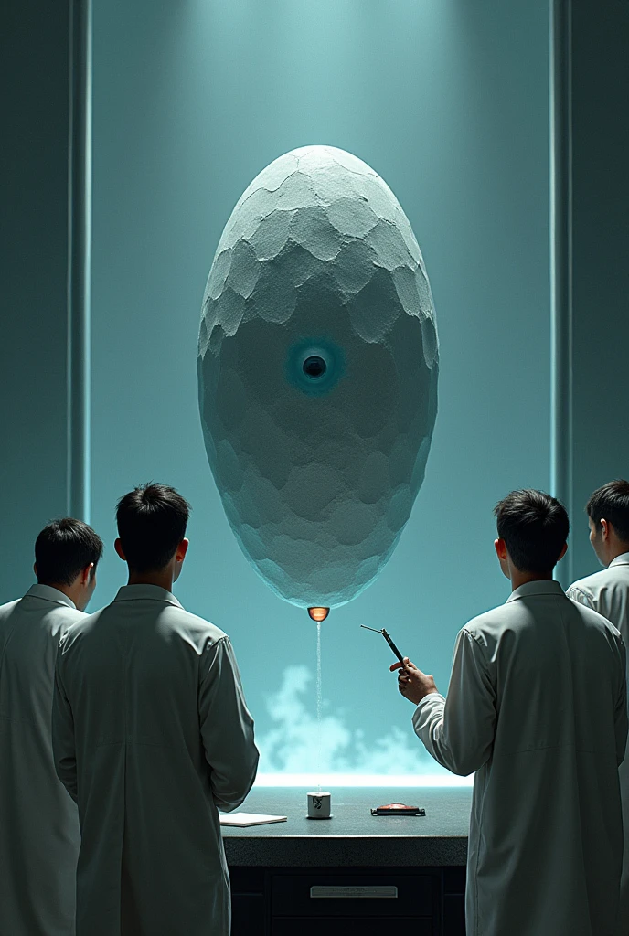 A group of 4 scientists with their backs turned looking at a glass window where there is a grey semi-circular oval stone-shaped object floating above a table that flickers and the object has an eye in the center, In addition, a scientist has a syringe and a drill trying to pierce the object.
