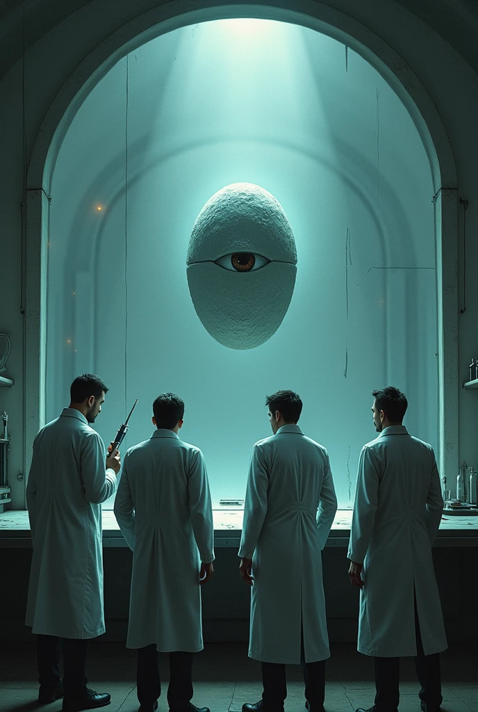 A group of 4 scientists with their backs turned looking at a glass window where there is a grey semi-circular oval stone-shaped object floating above a table that flickers and the object has an eye in the center, In addition, a scientist has a syringe and a drill trying to pierce the object.