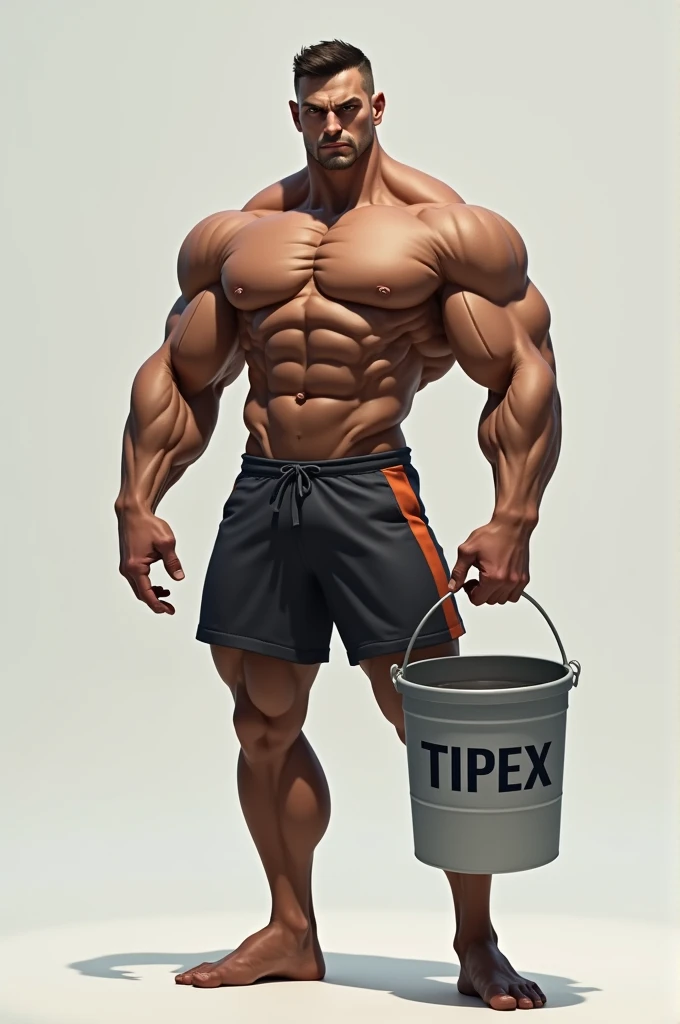 A bodybuilder holding a water bucket with the initials tipex on it