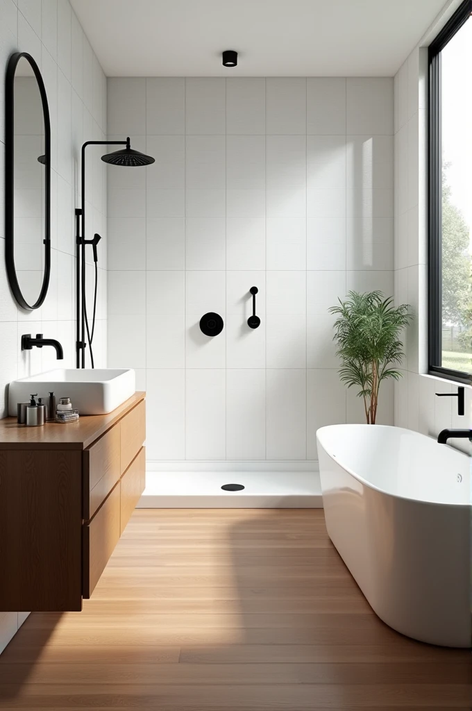 Create an image of a bathroom with a wooden floor, white tiles and all black faucets