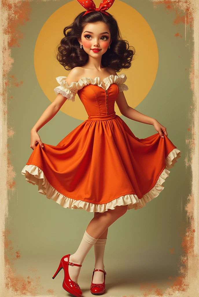 Very young girl in retro pin-up style, dressed in a chaste bright dress with a fluffy skirt, Stockings with lace garters, and red high heels. She has a 1950s-style hairstyle with big curls and a bandana.. Makeup with an emphasis on arrows and bright red lips. She flirtatiously displays herself, lifting the skirt, to show naked pussy, while maintaining the image of innocence. The background is made in the style of a vintage poster with warm and rich colors., Pussy visible, unshaved