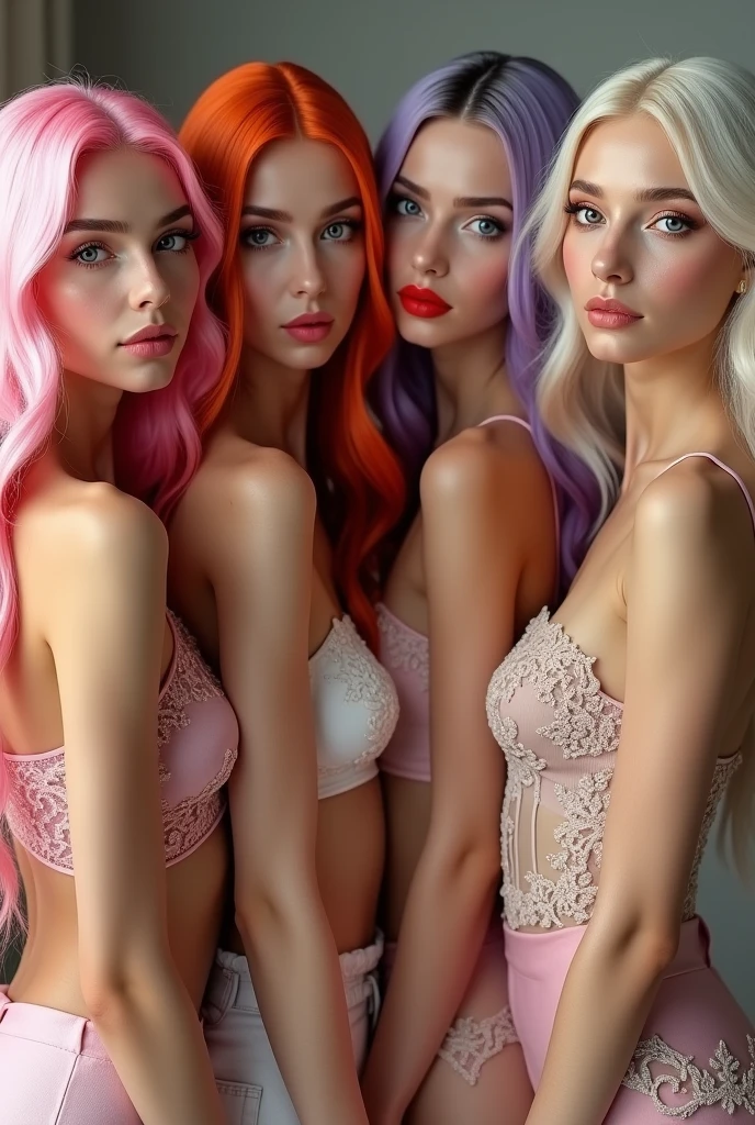 Four stunning, glamorous young women aged around 21-23 years old, showcasing diverse hairstyles - including pastel pink, fiery red, lavender, and platinum blonde locks, all extending down their backs like silky cascades. Each woman exudes confidence and poise as they pose effortlessly amidst soft, diffused lighting, creating a sense of warmth and depth. Their makeup is flawless, with bold lip colors accentuating their full, luscious lips. They wear elegant outfits that accentuate their curves, featuring delicate lace, intricate patterns, and subtle embellishments.