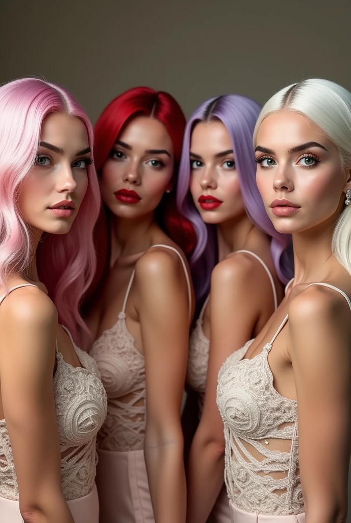 Four stunning, glamorous young women aged around 21-23 years old, showcasing diverse hairstyles - including pastel pink, fiery red, lavender, and platinum blonde locks, all extending down their backs like silky cascades. Each woman exudes confidence and poise as they pose effortlessly amidst soft, diffused lighting, creating a sense of warmth and depth. Their makeup is flawless, with bold lip colors accentuating their full, luscious lips. They wear elegant outfits that accentuate their curves, featuring delicate lace, intricate patterns, and subtle embellishments.
