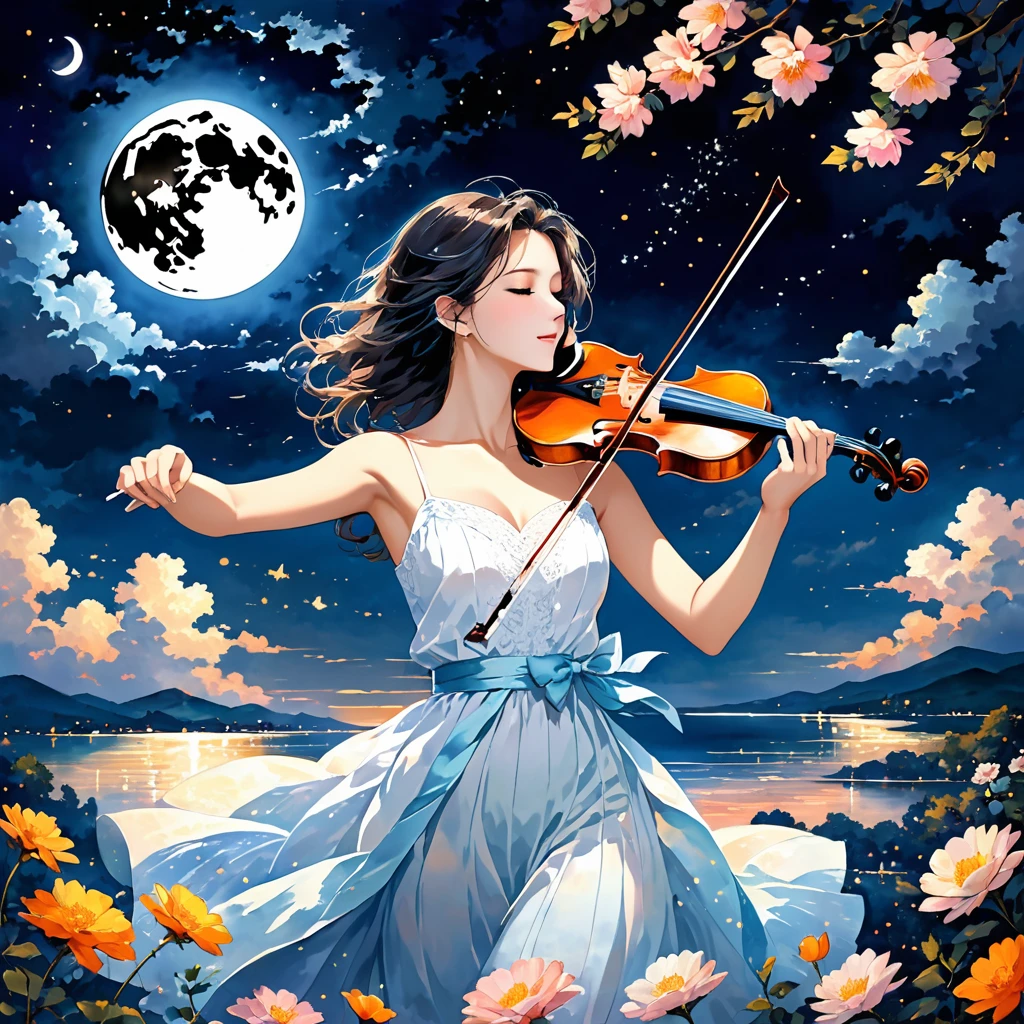 A romantic and emotional scene set under a night sky. A person is playing a violin, their fingers dancing gracefully on the strings. The moon is shining softly above, casting a gentle glow over the scene. The atmosphere is filled with a sense of nostalgia and passion, as the music seems to bring memories to life. The surrounding is serene and intimate, evoking a sense of deep connection and harmony between the person and their instrument, with the melody of love and longing resonating in the air