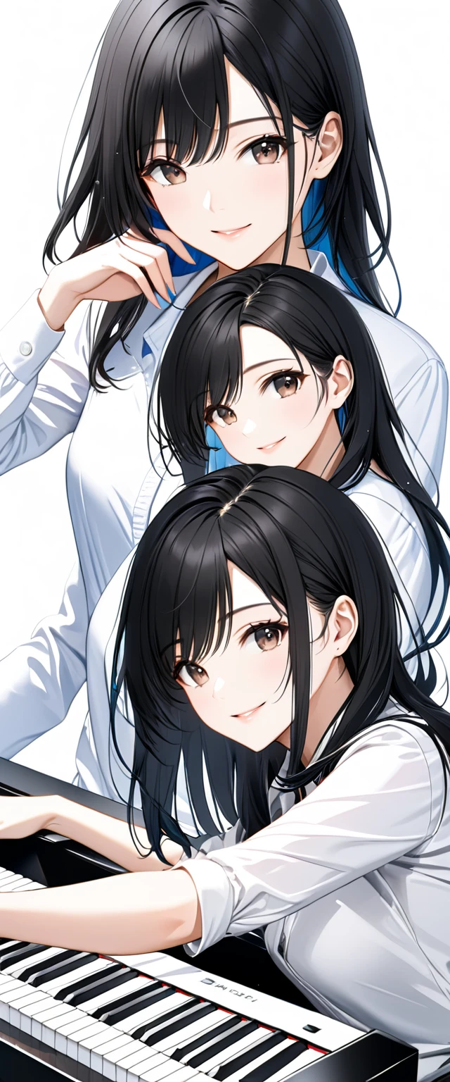 (((White background:1.5)))、(very wide shot)、(masterpiece、Ultra HD、Highest quality、Masterpiece、4K:1.2)、Slender body、Woman playing keyboard、 Intricate details, Highly detailed fingers、Long straight black hair、White casual outfit, Intricate details、smile、frontal face