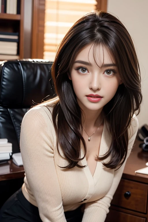 ((Ultimate Beauty))、Mature、Beautiful facial featureig eyes:1.3), Detailed lips, inely detailed beautiful eyes, Double eyelids, long eyeslashes、(Choppy), (Curve), Parted lips, Beautiful teeth alignment, red blush, a captivating gaze、Seductive smile, short brunette bob, masutepiece,(Highest Quality,Hyper-detailing,Fine and detailed eyes and detailed face) allure:brunette color hair,Natural makeup,long hair, sexy secretary outfit,mini skirt,office