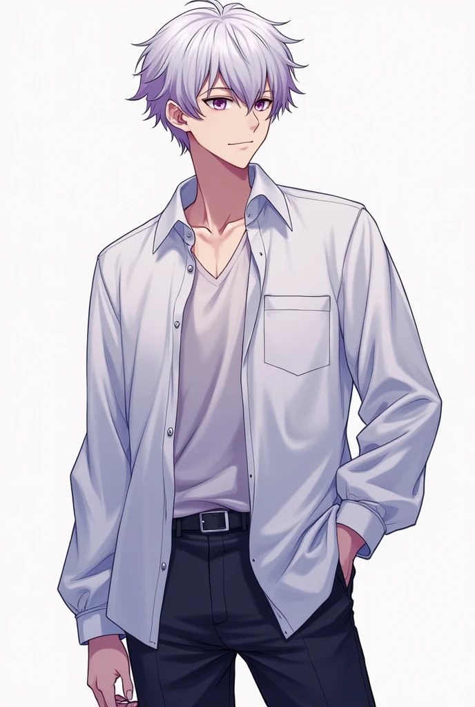 White hair purple mesh hair。An illustration of a man in his 20s dressed casually